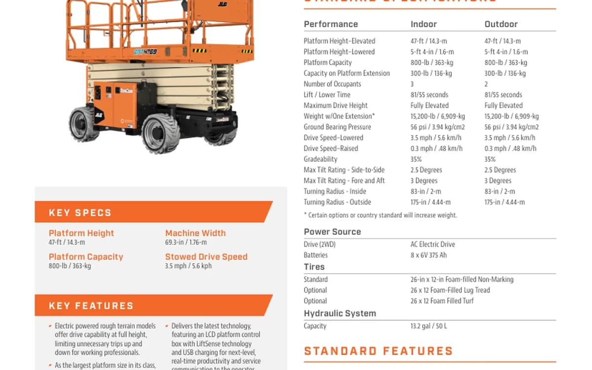 JLG ERT4769 shown in its official manufacturer specification