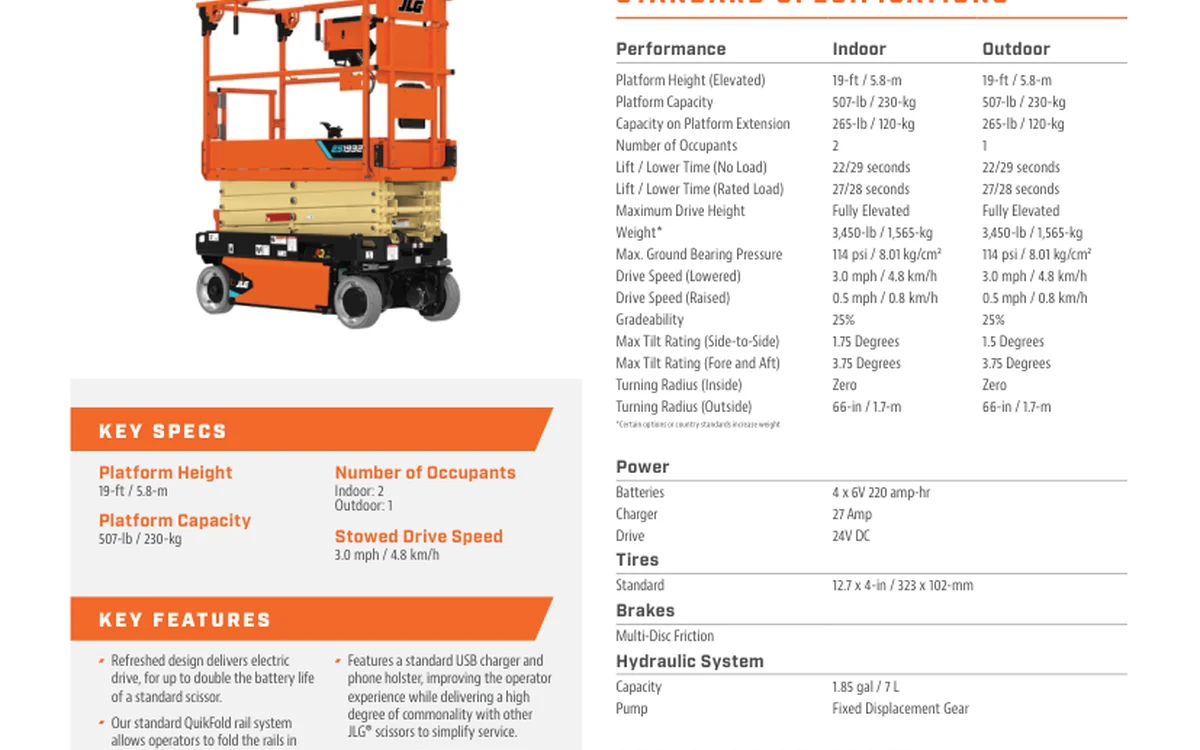 JLG ES1932 shown in its official manufacturer specification