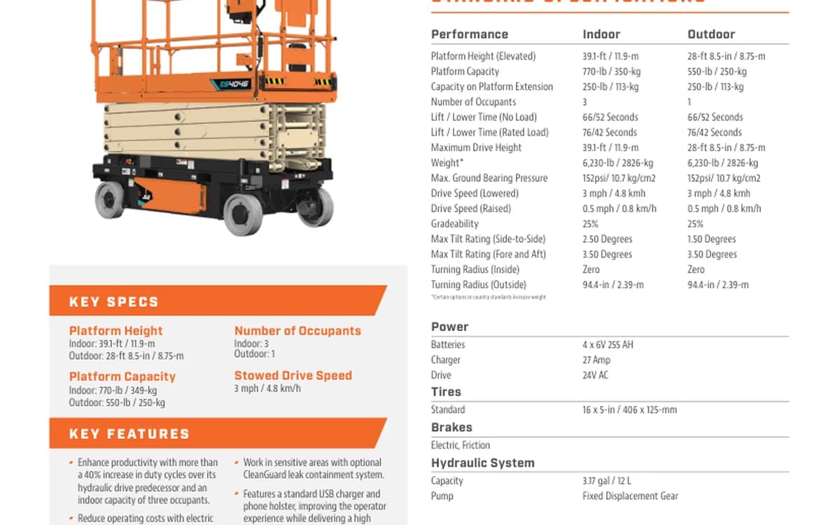 JLG ES4046 shown in its official manufacturer specification
