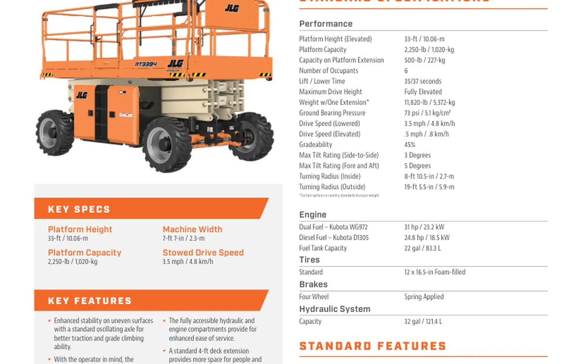 JLG RT3394 shown in its official manufacturer specification